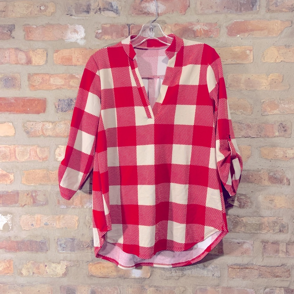 Vintage cream and red checkered blouse